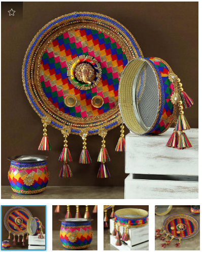 Colorful Fabric Work Karwa Chauth Thali Set